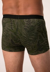 Boxer verdi con motivo a foglie, realizzati in tessuto morbido, dotati di una cintura elastica nera con il marchio "JP1880".