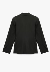 Schwarze Blazer mit glatter Textur, strukturierten Schultern, Ein-Knopf-Manschetten und Reverskragen, mit einem klaren Rückendesign.