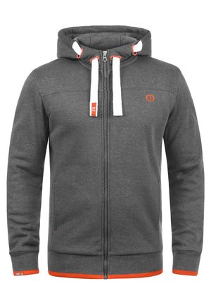 Grijze zip-up hoodie met een gevoerde capuchon, witte koordjes, oranje accenten, zijzakken en geribde manchetten, gemaakt van een katoenmix.