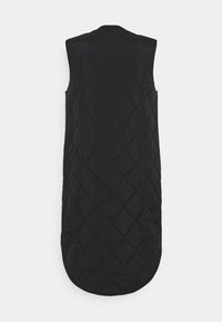 Dopasowana czarna kamizelka bez rękawów z okrągłym dołem. Posiada szycie w kształcie diamentu i gładką teksturę. Prosty, minimalistyczny design.