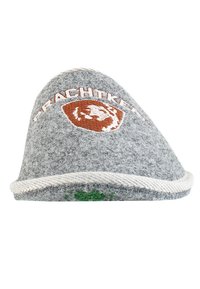 Gray felt hat with a white rope trim, featuring an embroidered logo in brown and a green detail at the base. Triangle-shaped design.