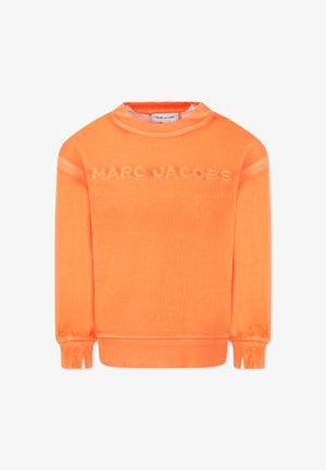 Sweatshirt orange avec des poignets et un col côtelés, avec "MARC JACOBS" brodé sur la poitrine dans une teinte assortie. Texture lisse.