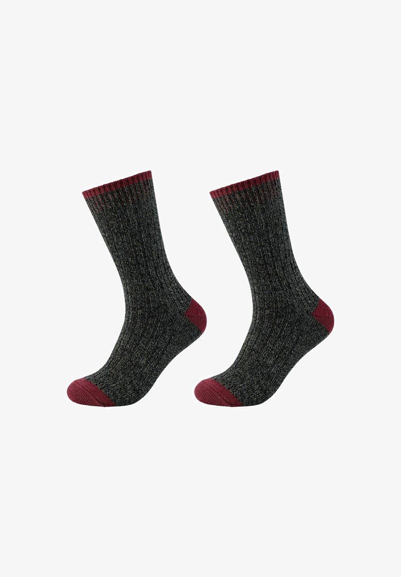 Chaussettes grises avec texture côtelée, accents marron à la cheville, au talon et à l'orteil. Longueur mi-mollet, conçues pour le confort et la chaleur.