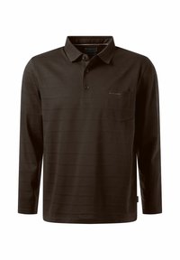 Dunkelbraunes Langarm-Poloshirt mit strukturiertem Streifenmuster, Drei-Knopf-Leiste und einer kleinen Brusttasche.