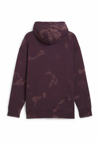 Felpa con cappuccio di colore viola scuro con un motivo tie-dye. Presenta un cappuccio ampio, maniche lunghe e bordi e orlo a costine.