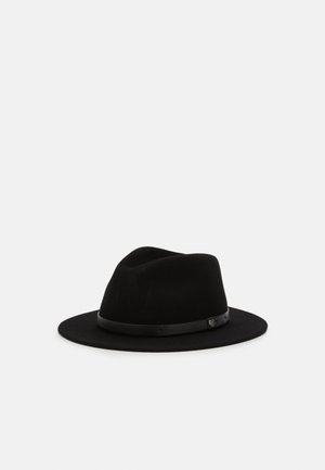 Black wide-brimmed fedora hat with a leather band detail around the crown on a plain light background.