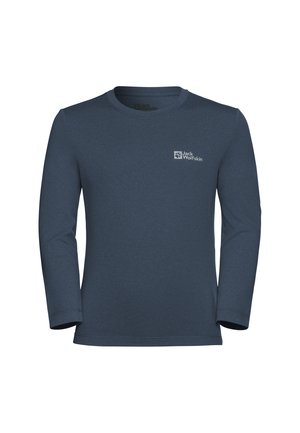 T-shirt à manches longues en bleu marine, fabriqué dans un tissu doux, avec un col rond et un petit logo sur la poitrine dans une couleur contrastante.