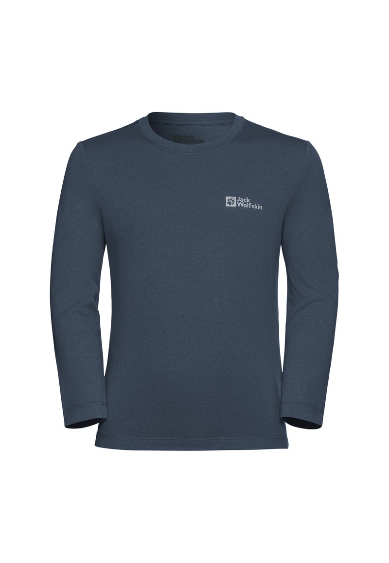 Maglietta a maniche lunghe blu navy realizzata in tessuto morbido, con scollatura rotonda e un piccolo logo sul petto in un colore contrastante.