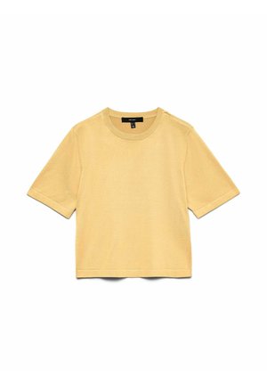 Pull en maille jaune clair à manches courtes avec col rond et col, poignets et ourlet côtelés, étalé à plat sur un fond blanc.