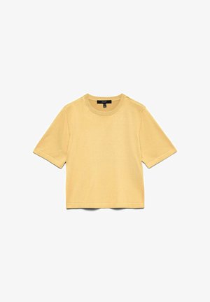 Pull en maille jaune clair à manches courtes avec col rond et col, poignets et ourlet côtelés, étalé à plat sur un fond blanc.