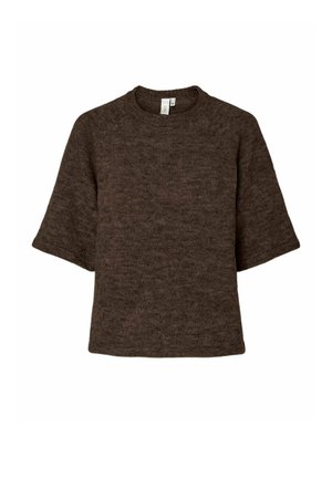 Donkerbruin gebreide trui met korte mouwen, een ronde hals en een rechte zoom.