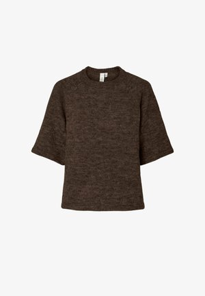 Donkerbruin gebreide trui met korte mouwen, een ronde hals en een rechte zoom.