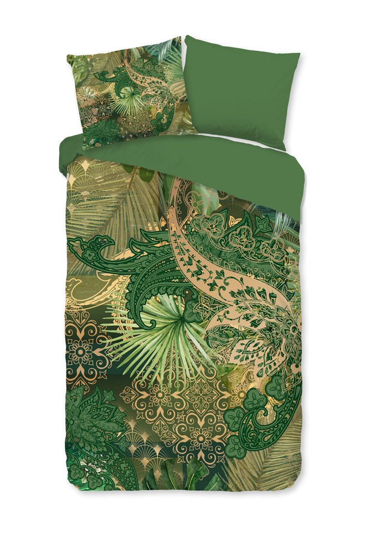 Set di biancheria da letto verde con intricati design botanici e paisley. Tessuto morbido con una texture opaca variata e tonalità di verde a contrasto.