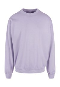 Felpa lavanda chiaro realizzata in tessuto morbido, con scollatura tonda, maniche lunghe e polsini e orlo a coste per una vestibilità comoda.