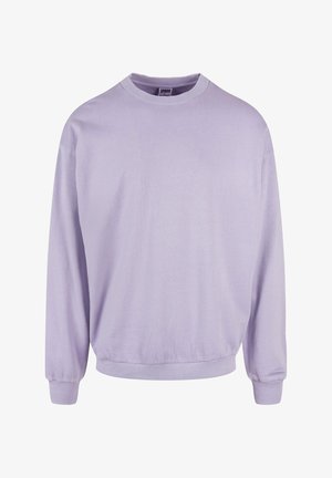 Vaaleanlaventelisweatshirt, joka on valmistettu pehmeästä kankaasta, jossa on pyöreä pääntie, pitkät hihat sekä resorikujat ja helma rentoa istuvuutta varten.