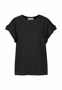 Zwarte T-shirt met korte mouwen, in een losse pasvorm en met een ronde halslijn, voorzien van een subtiele omslagrand op de mouwen. Merkenlabel zichtbaar bij de nek.