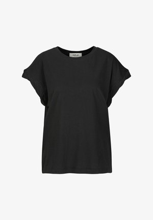 Zwarte T-shirt met korte mouwen, in een losse pasvorm en met een ronde halslijn, voorzien van een subtiele omslagrand op de mouwen. Merkenlabel zichtbaar bij de nek.