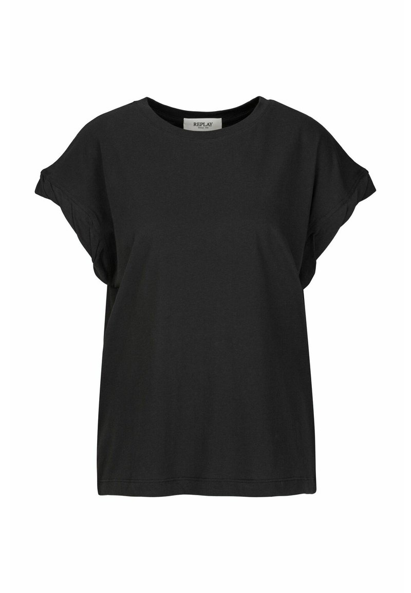 Zwarte T-shirt met korte mouwen, in een losse pasvorm en met een ronde halslijn, voorzien van een subtiele omslagrand op de mouwen. Merkenlabel zichtbaar bij de nek.