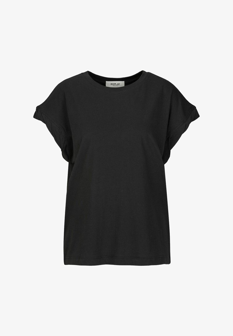 Zwarte T-shirt met korte mouwen, in een losse pasvorm en met een ronde halslijn, voorzien van een subtiele omslagrand op de mouwen. Merkenlabel zichtbaar bij de nek.