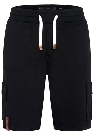 Pantaloni scurți cargo negri cu șnururi albe, buzunare laterale și o etichetă cu logo maro pe tivul stâng.