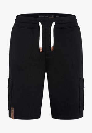 Pantaloni scurți cargo negri cu șnururi albe, buzunare laterale și o etichetă cu logo maro pe tivul stâng.