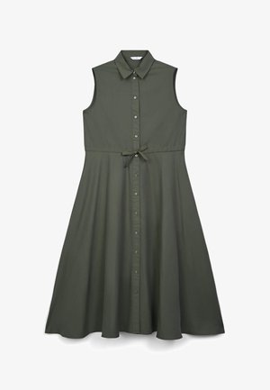 Ärmelloses grünes Kleid aus leichtem Material. Mit einer durchgehenden Knopfleiste, Kragen und einem Taillengürtel für eine figurbetonte Passform. Schwingender Rock.