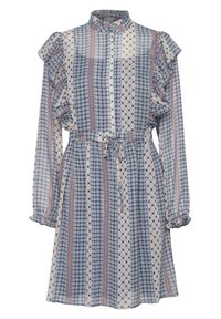 Abito a fantasia blu, beige e bordeaux. Presenta maniche lunghe con dettagli a volant, collo con bottoni e cintura da annodare. Tessuto leggero.