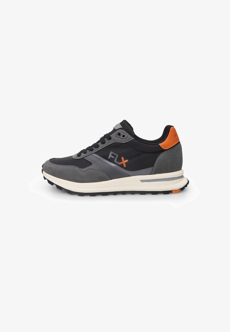 Gray and black athletic shoe with a suede and mesh upper, orange accent on the heel, rubber sole, and lacing system. FLX logo on the side.