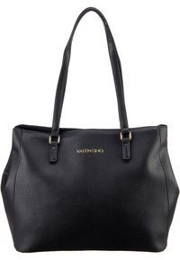 Black leather tote bag with textured surface, gold hardware accents, and two shoulder straps. Features the "Valentino" logo on the front.