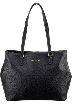 Mustapohjainen nahkasangallista laukku, jossa on teksturoitu pinta, kultaiset yksityiskohdat ja kaksi olkahihnaa. Etupuolella on "Valentino"-logo.