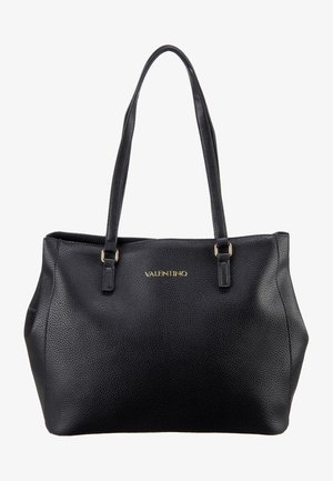 Sort læder tote taske med struktureret overflade, guldfarvede detaljer og to skulderstropper. Har "Valentino" logoet på fronten.