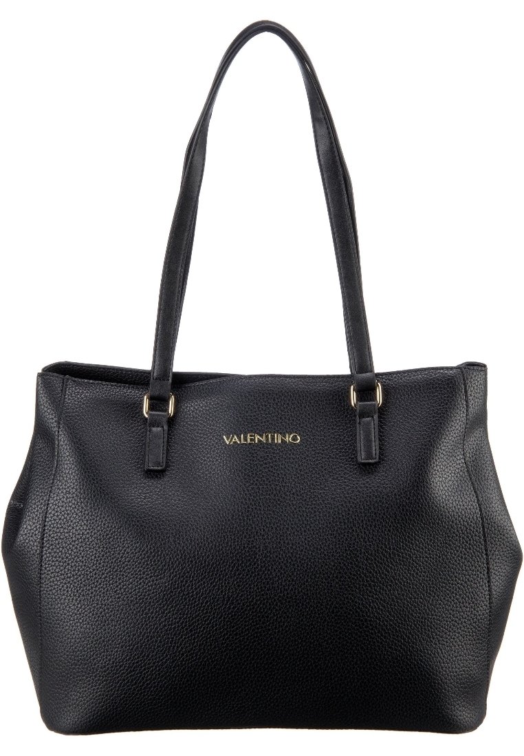 Black leather tote bag with textured surface, gold hardware accents, and two shoulder straps. Features the "Valentino" logo on the front.