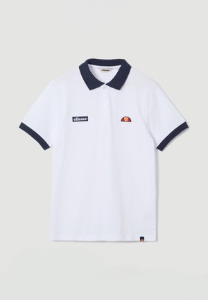 Polo bianca con colletto e polsini delle maniche blu navy, caratterizzata dalla toppa con il logo ellesse e dall'emblema semicircolare ricamato sul petto.