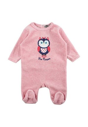 Body rose pour bébé, manches longues, pieds couverts, avec un motif coloré de hibou et le texte "Lee Cooper 1908" sur le devant.