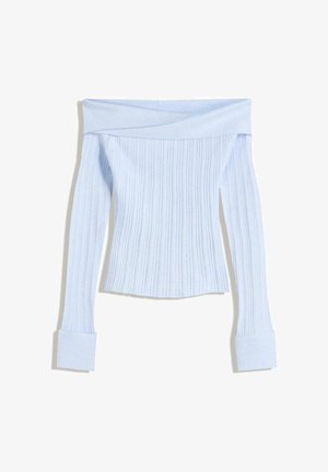 Világoskék, vállnélküli, bordázott pulóver hosszú ujjak és széles mandzsetta részletekkel, texturált anyaggal és diagonális dizájn elemmel a nyakrészén.