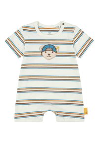 Romper à manches courtes rayé en crème, avec des rayures bleues, orange et brunes. Visage d'ours brodé avec une casquette bleue sur la poitrine. Fermeture pressionnée en bas.