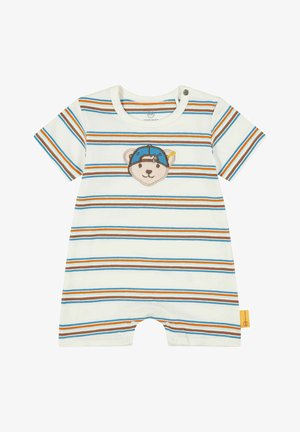 Krótki kombinezon w kolorze kremowym w paski, z niebieskimi, pomarańczowymi i brązowymi paskami. Na klatce piersiowej naszyty wzór misia z niebieską czapką. Zapięcie na zatrzask u dołu.