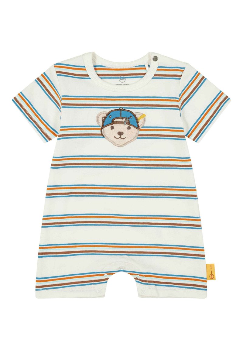 Romper à manches courtes rayé en crème, avec des rayures bleues, orange et brunes. Visage d'ours brodé avec une casquette bleue sur la poitrine. Fermeture pressionnée en bas.