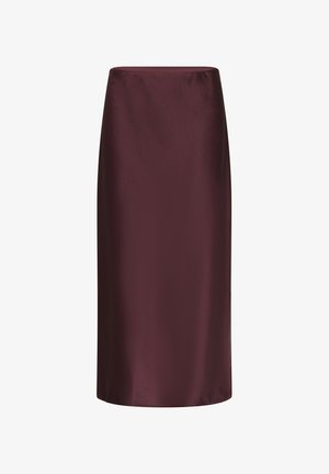 Gonna a tubino in satin bordeaux con una consistenza liscia, design a lunghezza media e una silhouette aderente, caratterizzata da una leggerissima lucentezza.