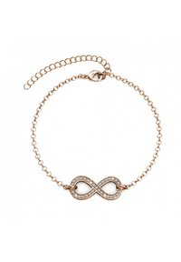Braccialetto in oro rosa con pendente a simbolo dell'infinito; il pendente è adornato con gemme trasparenti, montate su una delicate catena a maglie. Lunghezza regolabile.
