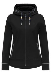 Svart softshelljacka med huva, med mönstrade snören, sidoglidlås och vita detaljer vid ärmsluten för extra stil.