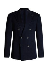 Marineblauwe double-breasted blazer met visgraatstructuur, twee voorzakken, ingesneden revers, zes knoopsluitingen en een bloemdetail op het revers.