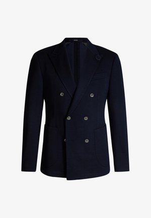 Marineblauer, doppelt geknöpfter Blazer mit Fischgratstruktur, zwei Fronttaschen, gekerbtem Revers, sechs Knopfleisten und einem Blumenakzent am Revers.