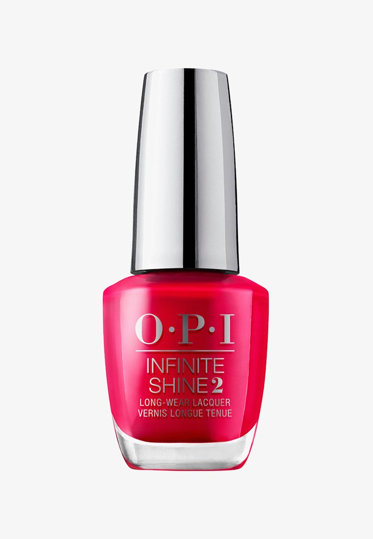 Lacca per unghie rosa brillante in una bottiglia di vetro trasparente con un elegante tappo argentato. L'etichetta riporta "OPI Infinite Shine 2" con una descrizione della formula a lunga durata.