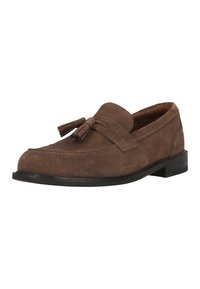 Brown suede loafer with a flat heel, featuring a decorative tassel on the front and contrasting stitching along the sole.