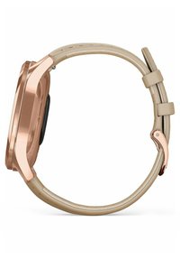 Smartwatch con cassa in metallo color oro rosa, display nero e cinturino in pelle beige chiaro con chiusura a fibbia e anello regolabile.