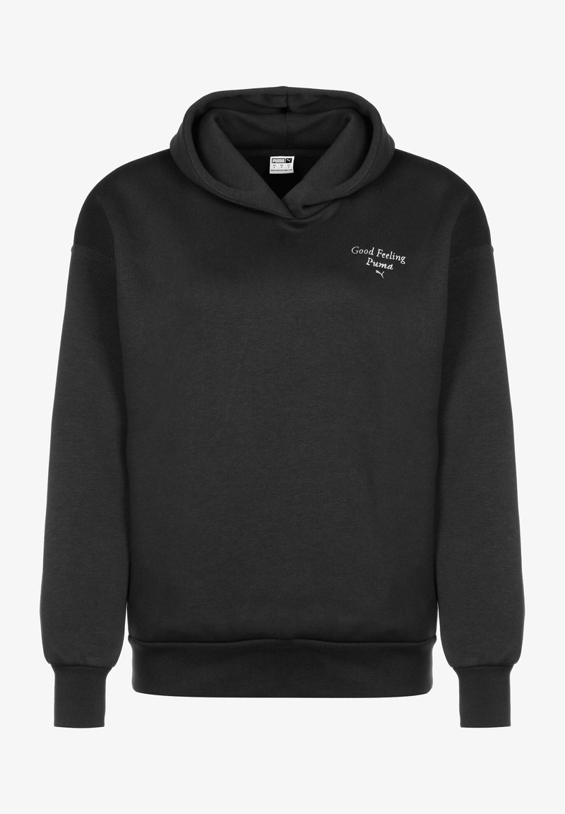 Svart hettegenser laget av mykt stoff, med dyp hette, ribbestrikkede ermer og hem, samt brodert tekst på forsiden: "Good Feeling Puma."