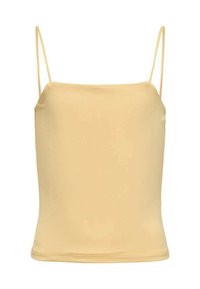 Top sans manches jaune clair avec des fines bretelles, fabriqué en tissu lisse. Présente un design simple et ajusté avec une surface sans embellissement.