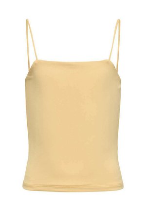 Top sans manches jaune clair avec des fines bretelles, fabriqué en tissu lisse. Présente un design simple et ajusté avec une surface sans embellissement.