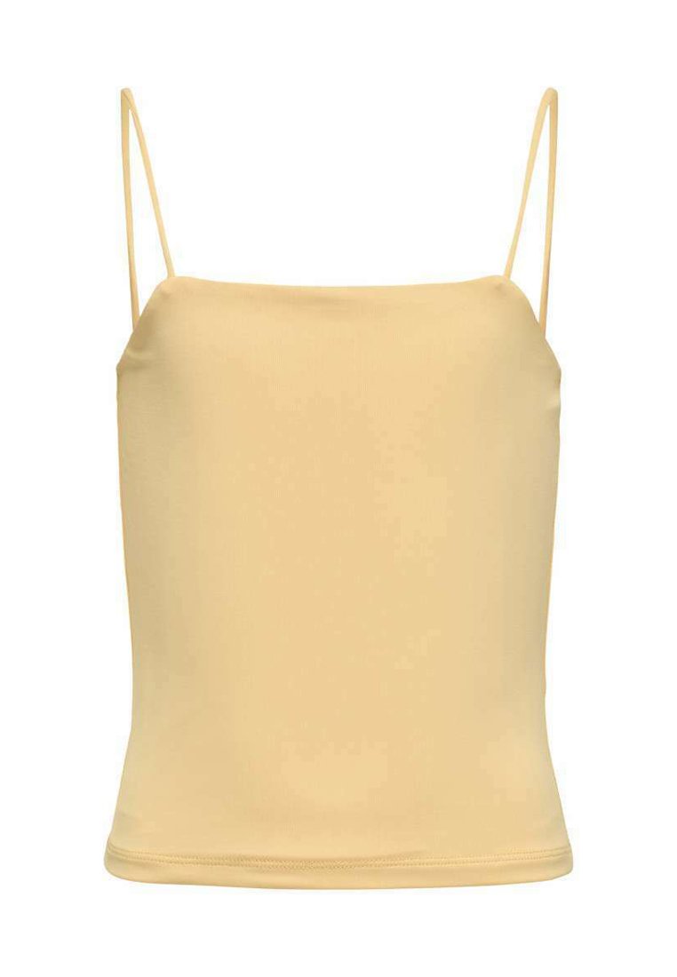 Top sans manches jaune clair avec des fines bretelles, fabriqué en tissu lisse. Présente un design simple et ajusté avec une surface sans embellissement.